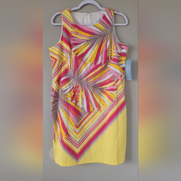 London Times Women's Stretch Cotton Palm Print Dress Colorful Yellow/Pink 10 NEW - Picture 3 of 16